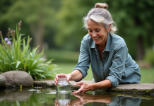 Éclaircir l’eau d’un bassin : solutions naturelles et efficaces Femme recueillant de l'eau de bassin dans un jardin