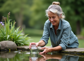 Éclaircir l’eau d’un bassin : solutions naturelles et efficaces Femme recueillant de l'eau de bassin dans un jardin