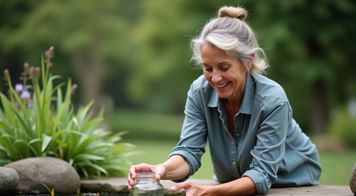 Femme recueillant de l'eau de bassin dans un jardin