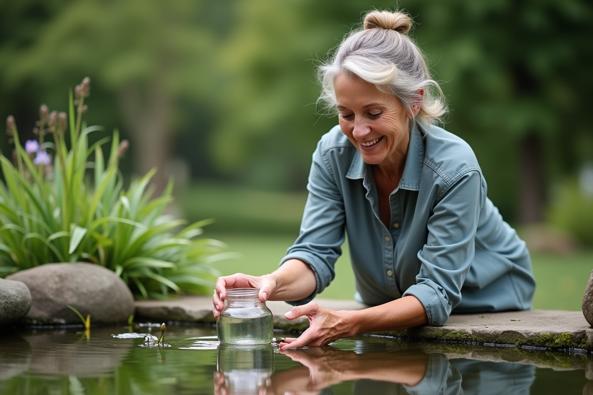 Femme recueillant de l'eau de bassin dans un jardin