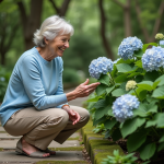 Hortensias pour ombre totale : quelles variétés choisir ? Femme dans un jardin examinant des hortensias en fleurs