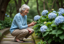 Hortensias pour ombre totale : quelles variétés choisir ? Femme dans un jardin examinant des hortensias en fleurs