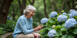 Hortensias pour ombre totale : quelles variétés choisir ? Femme dans un jardin examinant des hortensias en fleurs