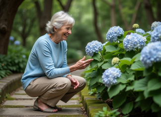 Hortensias pour ombre totale : quelles variétés choisir ? Femme dans un jardin examinant des hortensias en fleurs