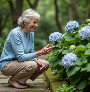 Femme dans un jardin examinant des hortensias en fleurs