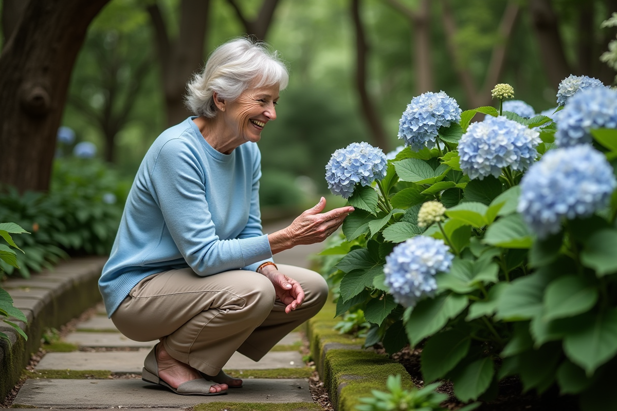Femme dans un jardin examinant des hortensias en fleurs