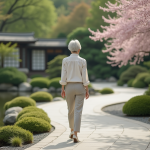 Allée japonaise : comment aménager son jardin pour une touche zen ? Femme d'âge moyen dans un jardin japonais paisible
