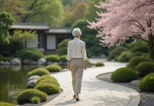 Allée japonaise : comment aménager son jardin pour une touche zen ? Femme d'âge moyen dans un jardin japonais paisible