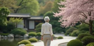 Allée japonaise : comment aménager son jardin pour une touche zen ? Femme d'âge moyen dans un jardin japonais paisible