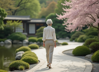 Allée japonaise : comment aménager son jardin pour une touche zen ? Femme d'âge moyen dans un jardin japonais paisible