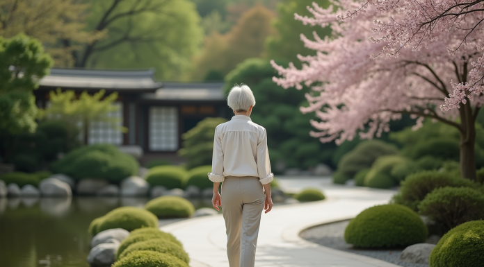 Allée japonaise : comment aménager son jardin pour une touche zen ? Femme d'âge moyen dans un jardin japonais paisible