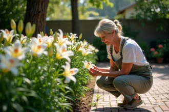 Femme au jardin inspectant des lys en pleine floraison