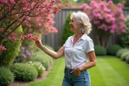 Femme d'âge moyen touchant un arbre ornemental rose dans un jardin
