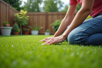Femme d'âge moyen dans son jardin avec pelouse artificielle