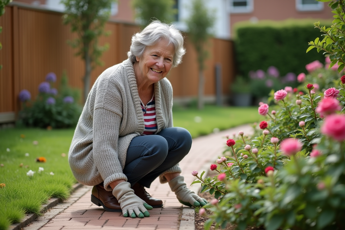 Femme âgée en jardinage dans un jardin résidentiel