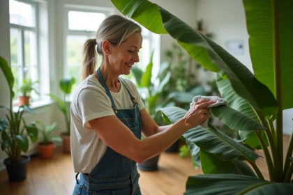 Femme en jardinage intérieur avec bananier vert