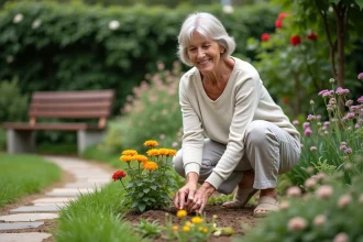 Femme plantant des fleurs dans un jardin paisible