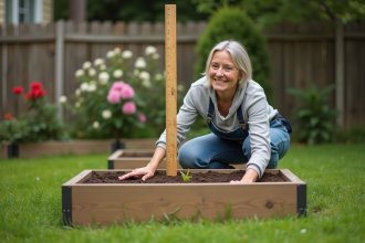 Femme en vêtements de jardinage mesurant la hauteur d'un lit de jardin