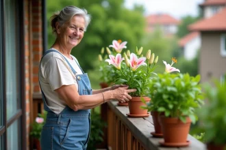 Femme en jardinage sur balcon avec lys en pot