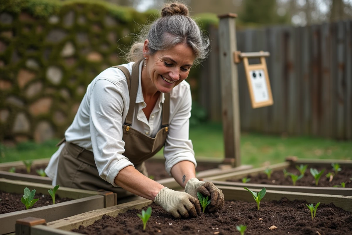 Femme jardinant selon le calendrier lunaire au potager bio au printemps, transplantant des semis dans un sol riche