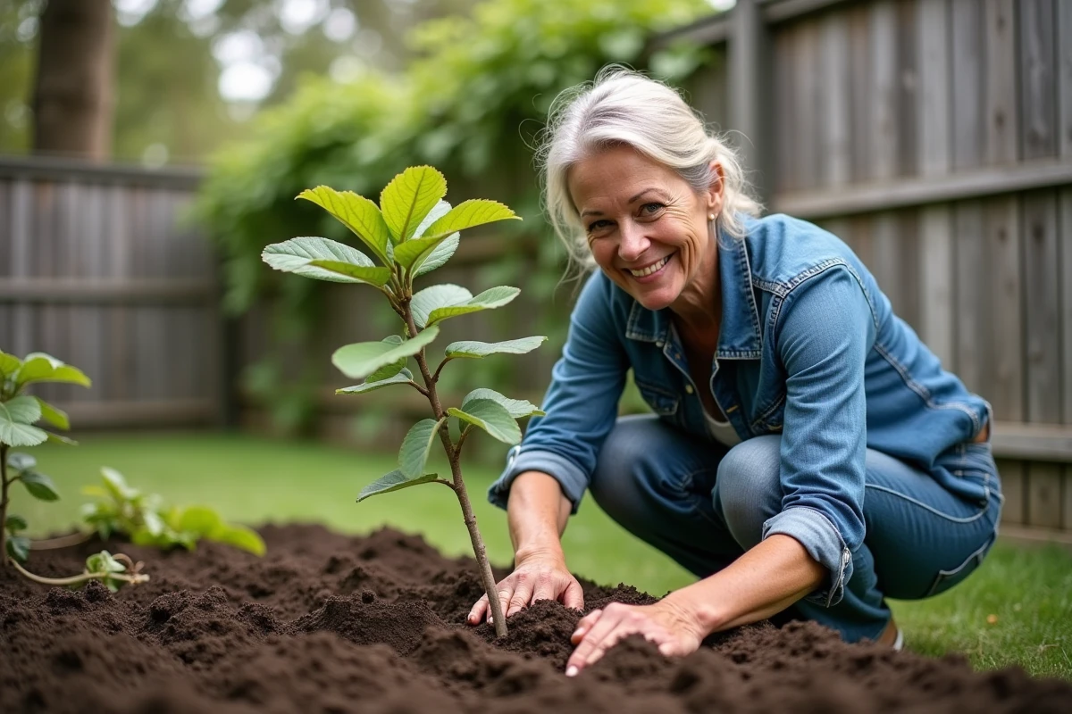 Femme plantant un jeune figuier dans son jardin