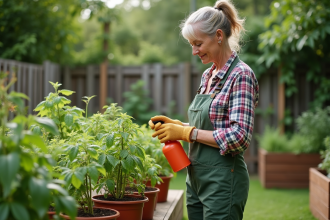Femme inspectant des plants de tomates dans un jardin