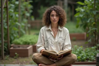 Femme lisant un livre sur la permaculture dans un jardin potager avec des bacs surélevés et des plantes grimpantes en arrière-plan