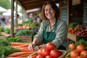 Femme souriante arrangeant des carottes et tomates au marché
