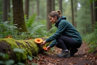 Femme en forêt observant un champignon orange sur un bois humide