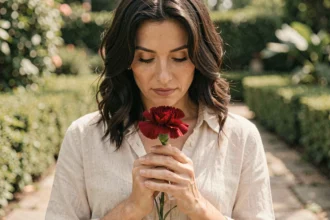 Femme tenant un œillet rouge contre sa poitrine dans un jardin botanique, symbole de passion et de fidélité
