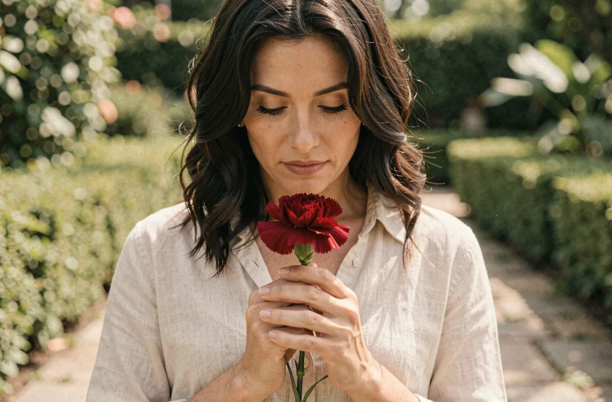Femme tenant un œillet rouge contre sa poitrine dans un jardin botanique, symbole de passion et de fidélité