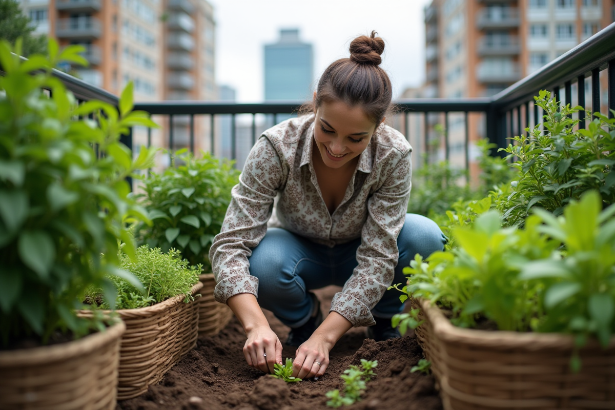 Femme plantant des semis dans un potager urbain