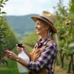 Traitement bio des arbres fruitiers : conseils pour les soigner naturellement Femme en plaid et chapeau de paille arrosant un pommier