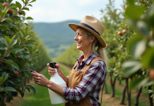 Femme en plaid et chapeau de paille arrosant un pommier