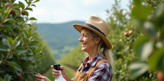 Femme en plaid et chapeau de paille arrosant un pommier