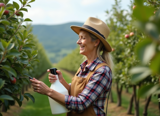 Traitement bio des arbres fruitiers : conseils pour les soigner naturellement Femme en plaid et chapeau de paille arrosant un pommier
