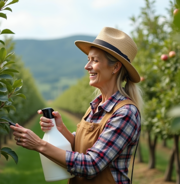 Femme en plaid et chapeau de paille arrosant un pommier