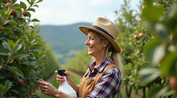 Traitement bio des arbres fruitiers : conseils pour les soigner naturellement Femme en plaid et chapeau de paille arrosant un pommier