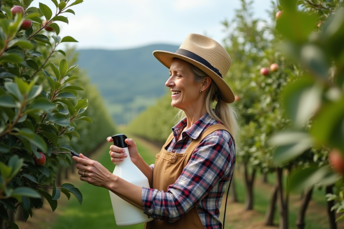 femme-plantation-pommier-organique Femme en plaid et chapeau de paille arrosant un pommier