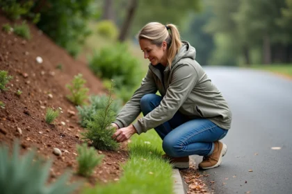 Femme plantant des arbustes sur une berge verte