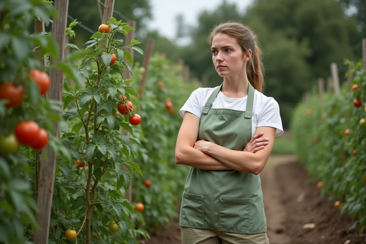 Jeune femme observant tomates congestionnées