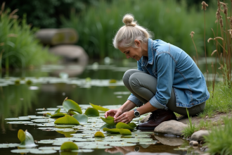 Femme méditant au bord d'un étang avec plantes aquatiques