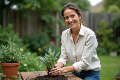 Femme souriante préparant de la sauge dans un jardin rustique