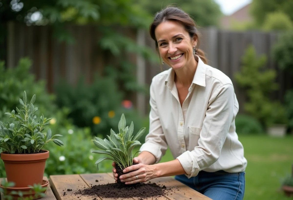 Femme souriante préparant de la sauge dans un jardin rustique
