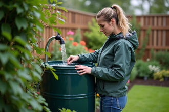 Femme vérifiant un filtre sur un récupérateur d'eau de pluie dans son jardin