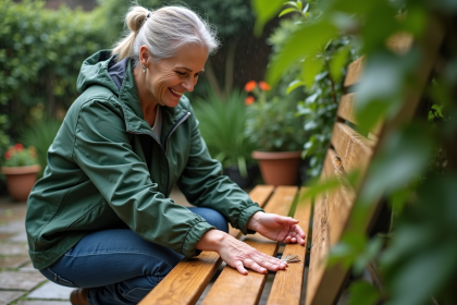 Femme appliquant cire sur banc en bois dans le jardin
