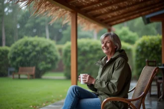 Femme souriante sous pergola en jardin sous la pluie