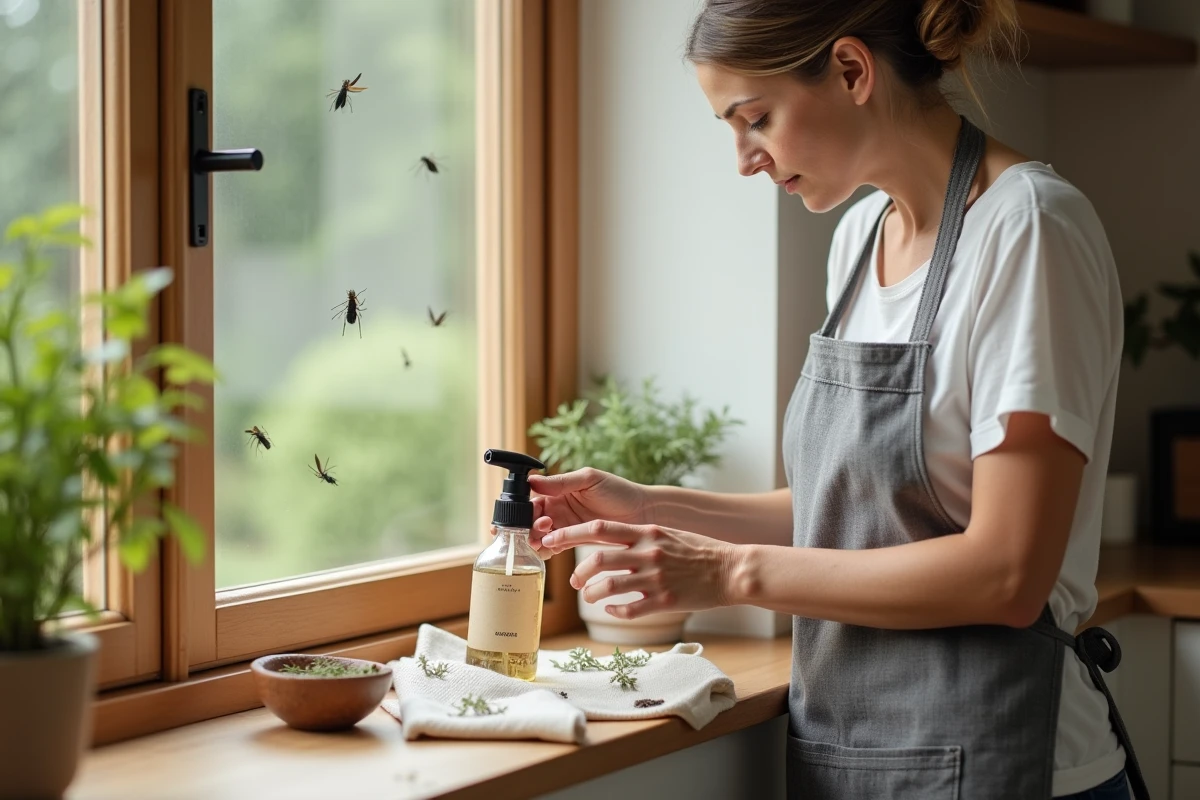Femme appliquant un répulsif naturel contre les petits insectes noirs sur un rebord de fenêtre