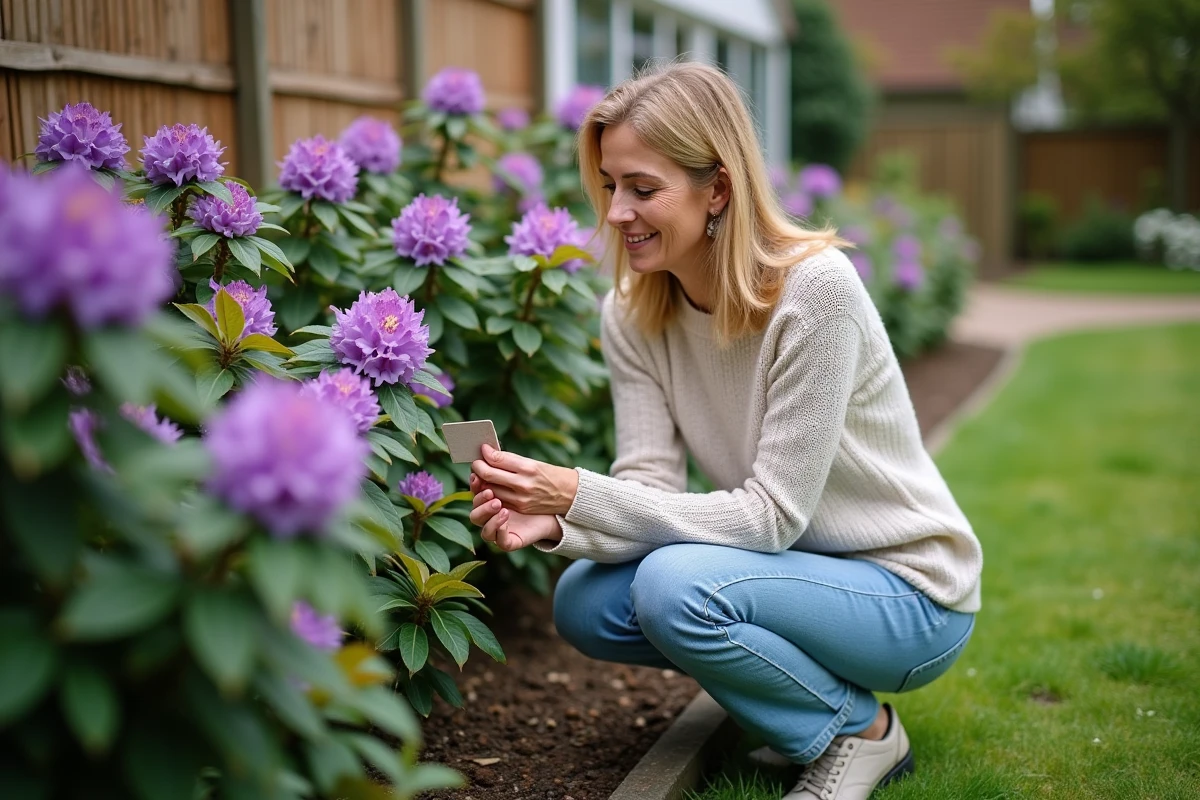 Femme examinant un rhododendron dans un jardin printanier
