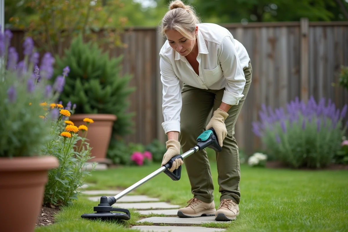 Femme utilisant un rotofil sans fil pour bordurer les allées d'un petit jardin fleuri